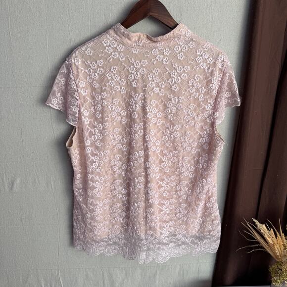 Lane Bryant Blouse Size 18 20 Pink Lace Overlay Layered Beige VNeck Short Sleeve - Picture 7 of 11